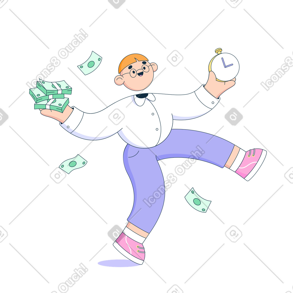 Illustration animée Homme tenant une pile d'argent et horloge dans le style Bubble gum à télécharger aux formats GIF, Lottie (JSON), AE