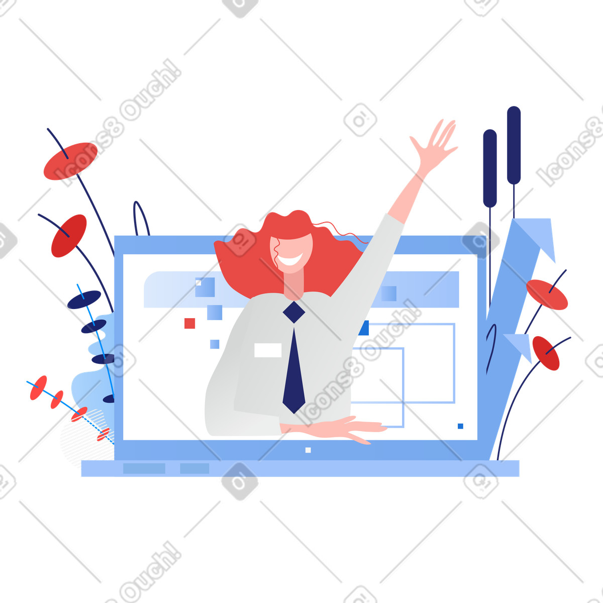 Female support worker waving from laptop screen illustration in Clip style download in PNG, SVG
