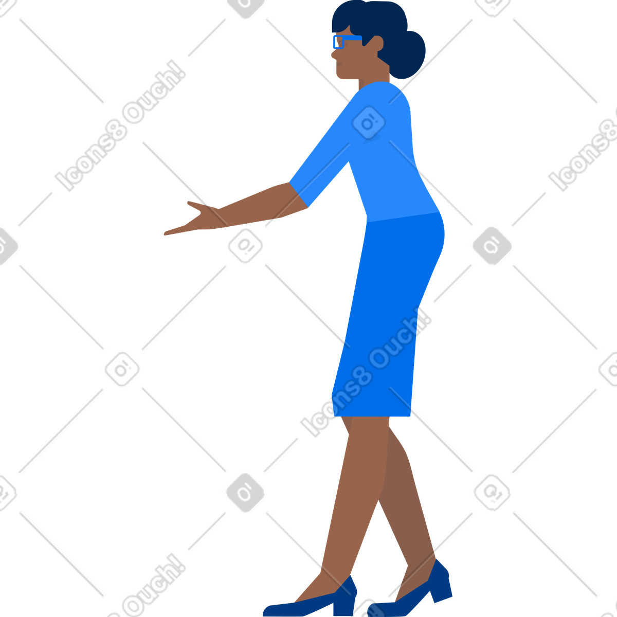 Woman with glasses and bun on her hair stands arm outstretched illustration in Urban style download in PNG, SVG