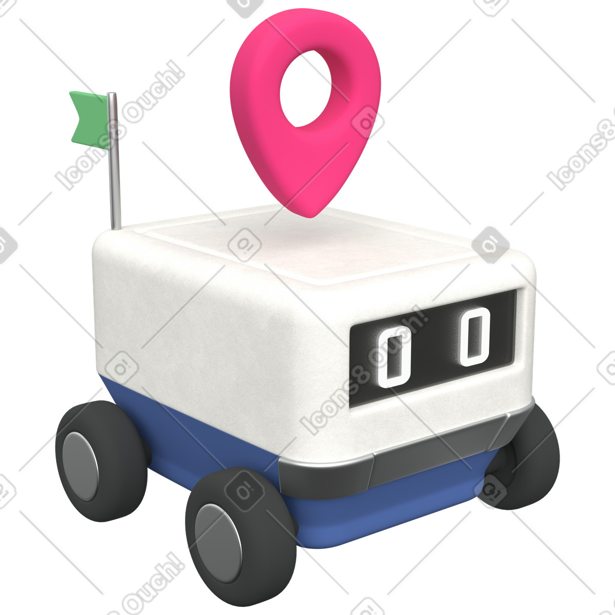 下载 3D Grid 风格的 Delivery robot with location pin representing autonomous last mile shipping 插画，支持 PNG、SVG 格式
