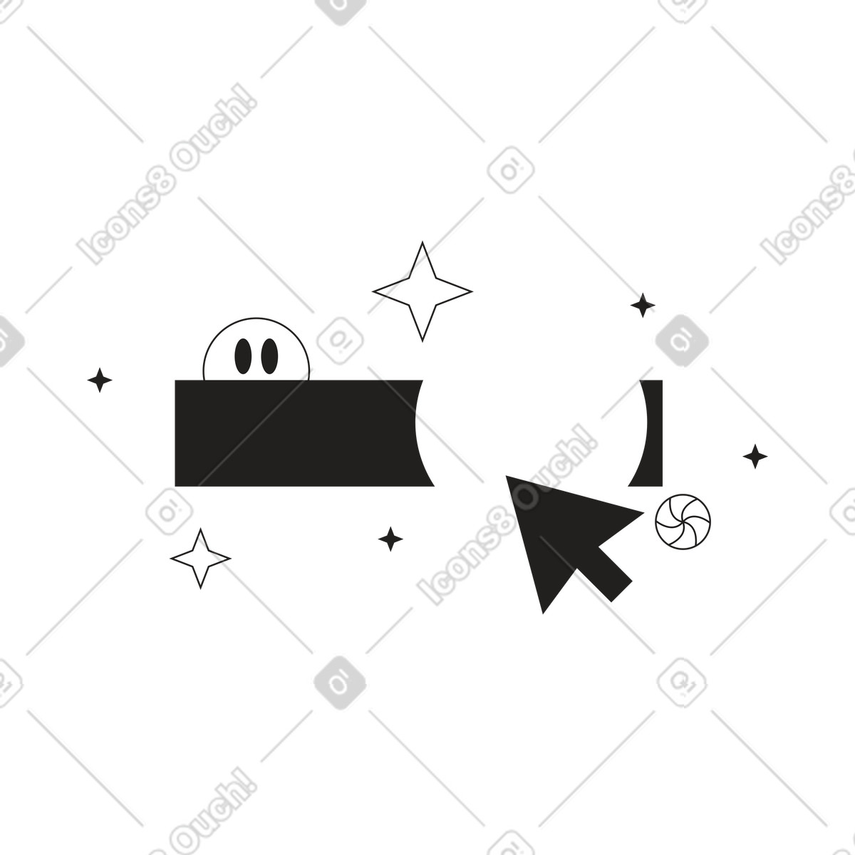 Black search bar panel with arrow and smiley face illustration in Tokyo style download in PNG, SVG