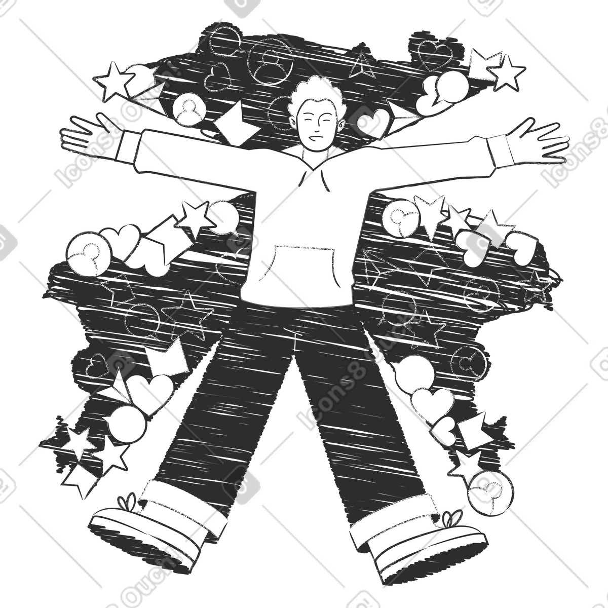 User lying in pile of social media icons, engagement and internet culture-Illustration im Graphite-Stil als Download PNG, SVG