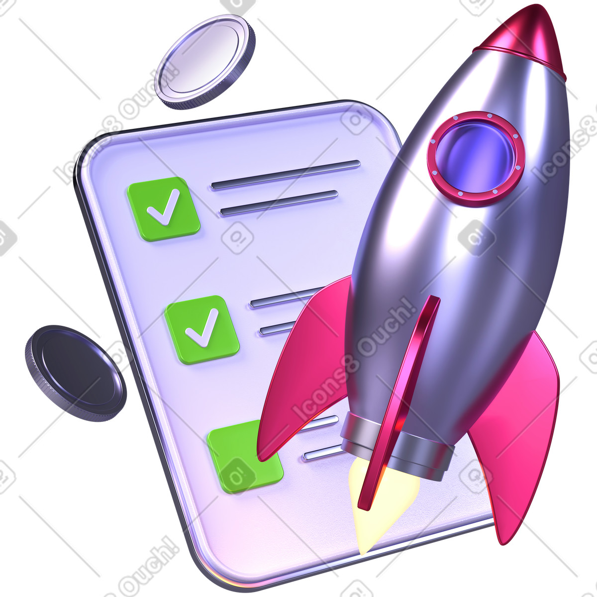 Ilustración Lanzamiento de cohetes con lista verificación, gestión proyectos startups en estilo 3D Boost a descargar en PNG y SVG