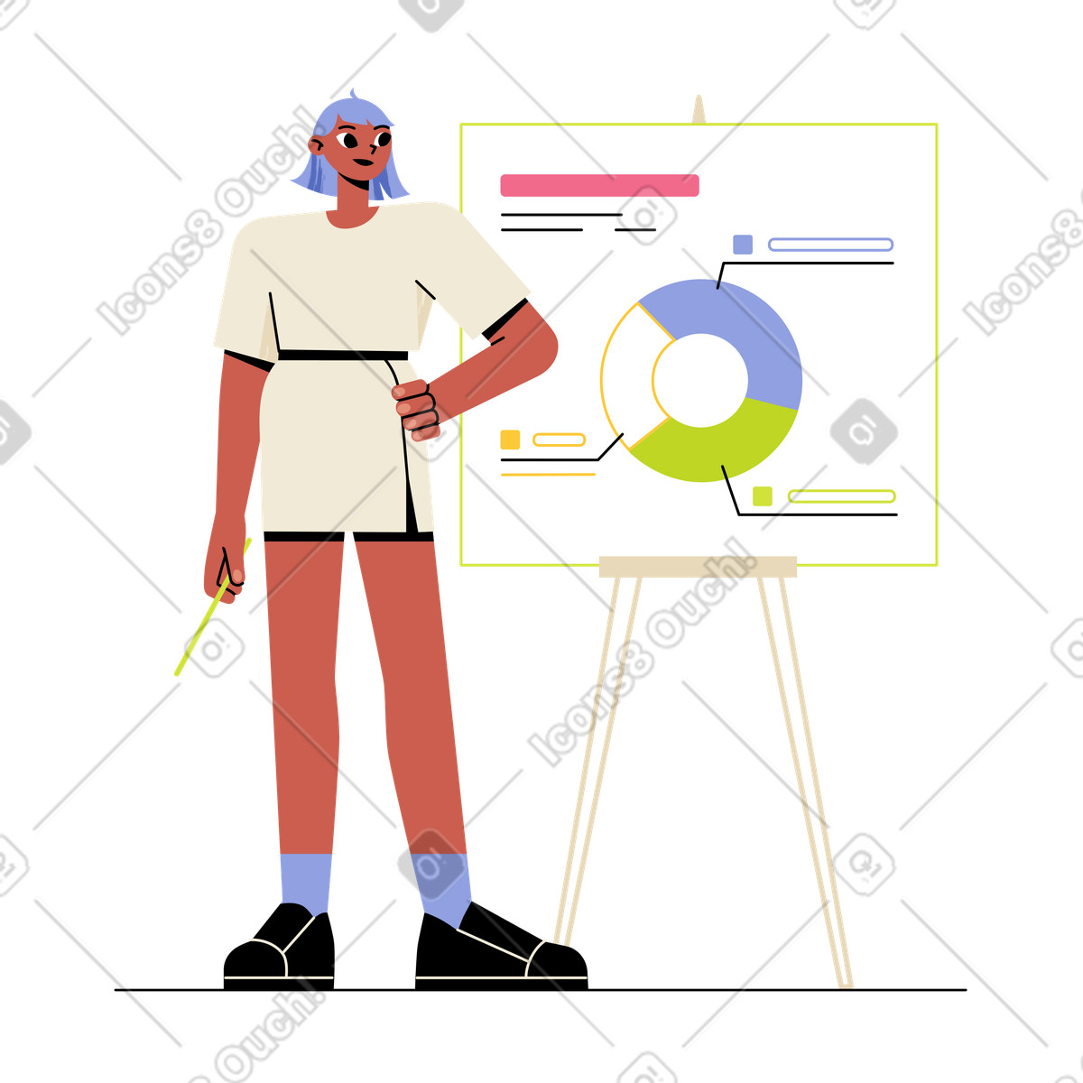 Presenter with pie chart on easel, Project update or performance review illustration in Juicy style download in PNG, SVG