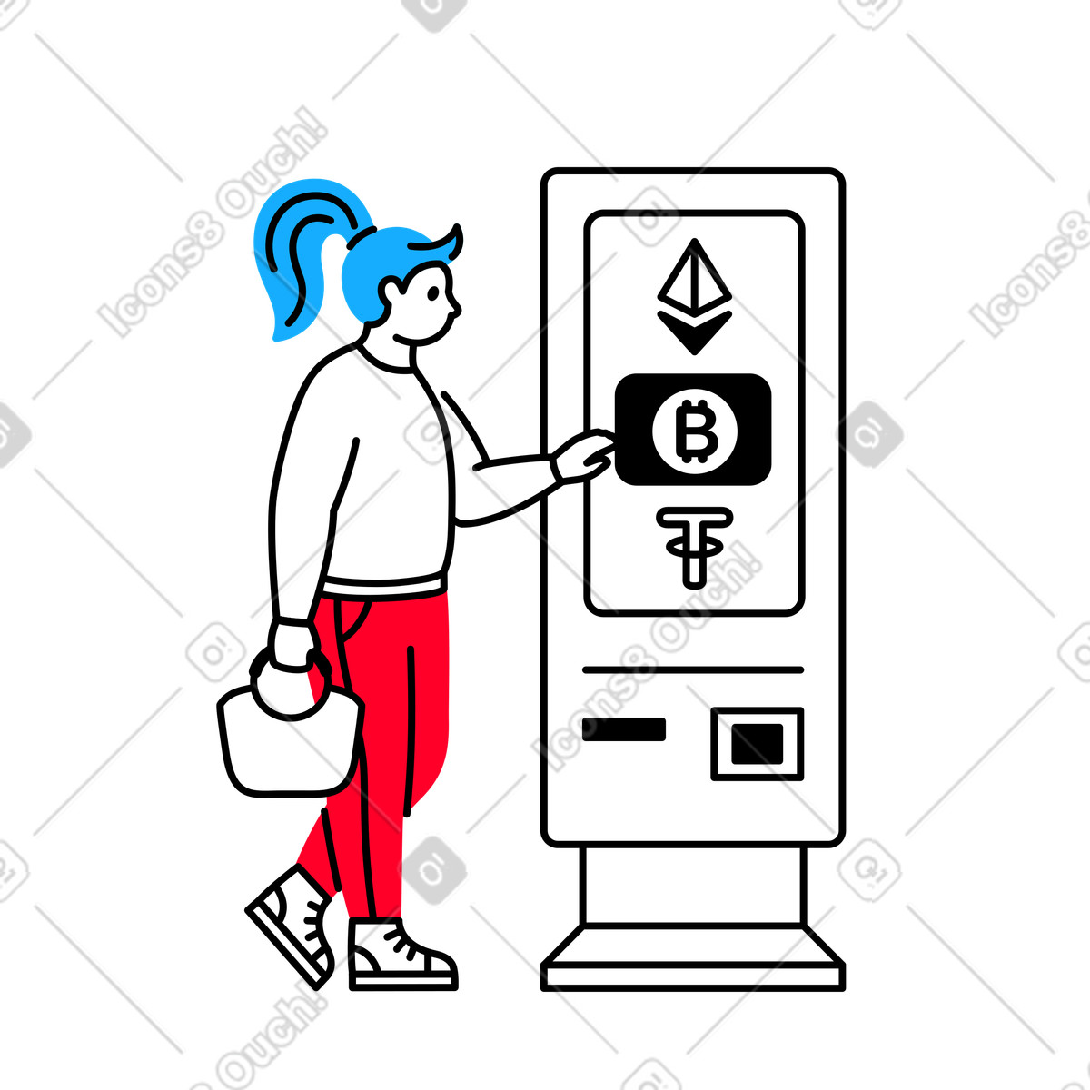 Transistor スタイルの Cryptomatで暗号通貨を購入する女性 のイラストをPNG、SVG形式でダウンロード