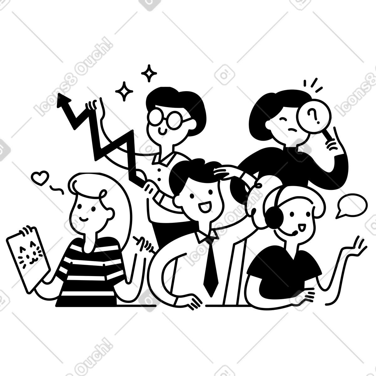 Team collaboration characters brainstorming ideas with speech bubbles and gestures illustration in Notion Line Art style download in PNG, SVG