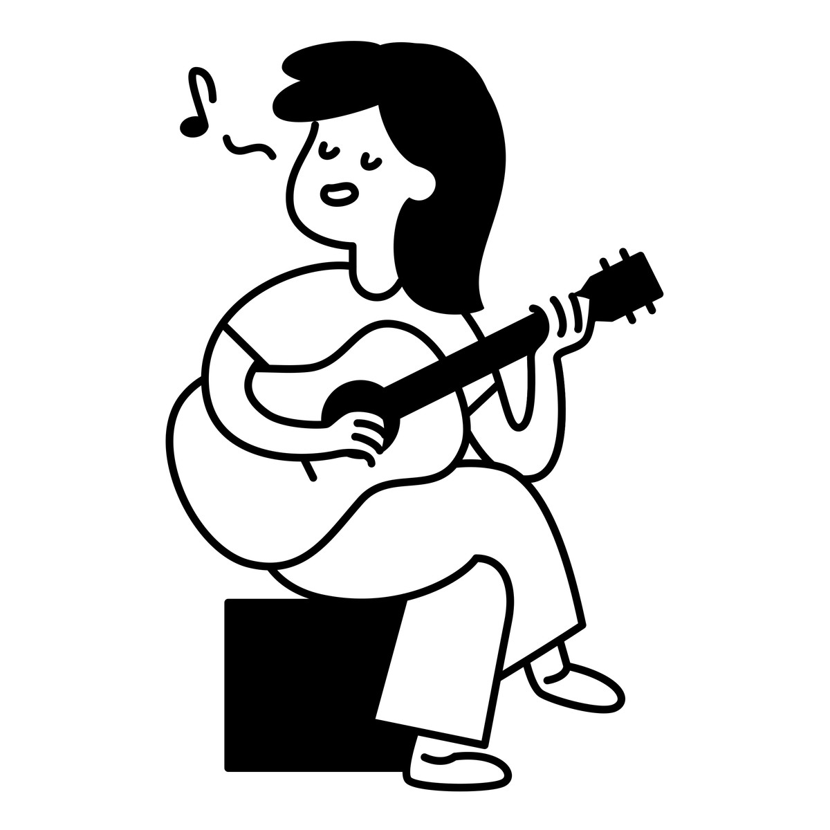 Guitar player sitting and strumming acoustic instrument while singing music illustration in Notion Line Art style download in PNG, SVG