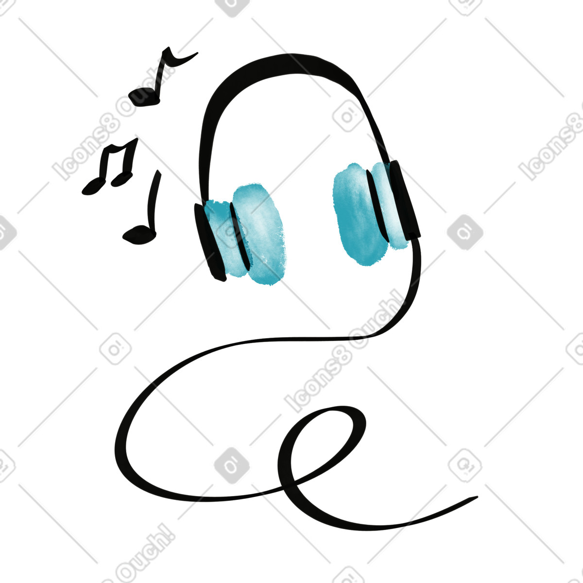 下载 Watercolor sketch 风格的 Headphones with turquoise ear cushions and flowing cable playing music 插画，支持 PNG、SVG 格式