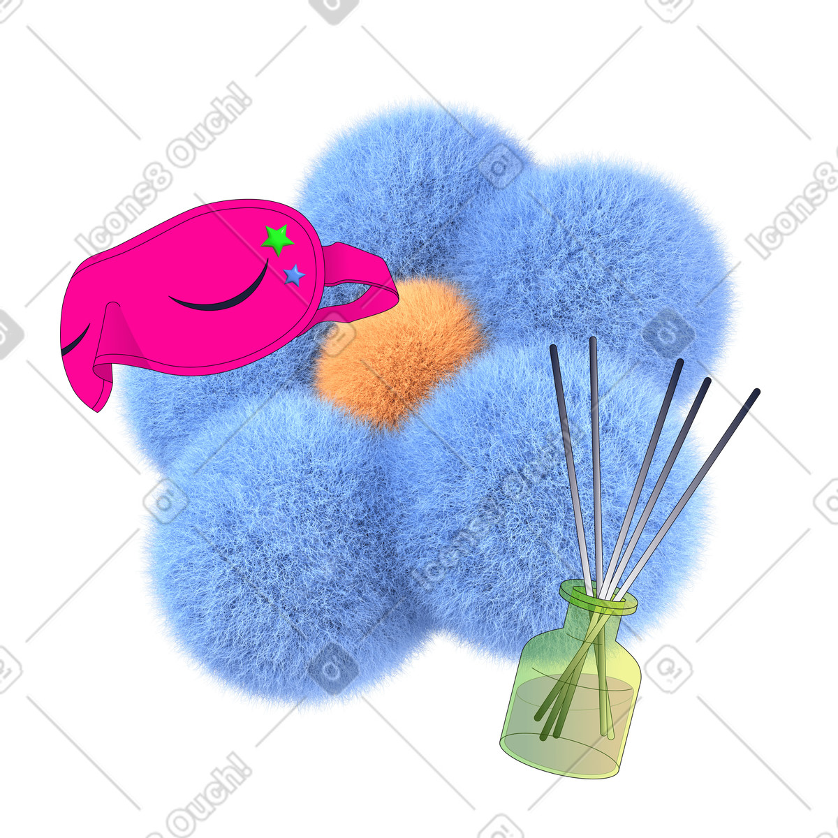 Flauschiges kissen mit schlafmaske und duftdiffusor-Illustration im Pop-Stil als Download in PNG, SVG
