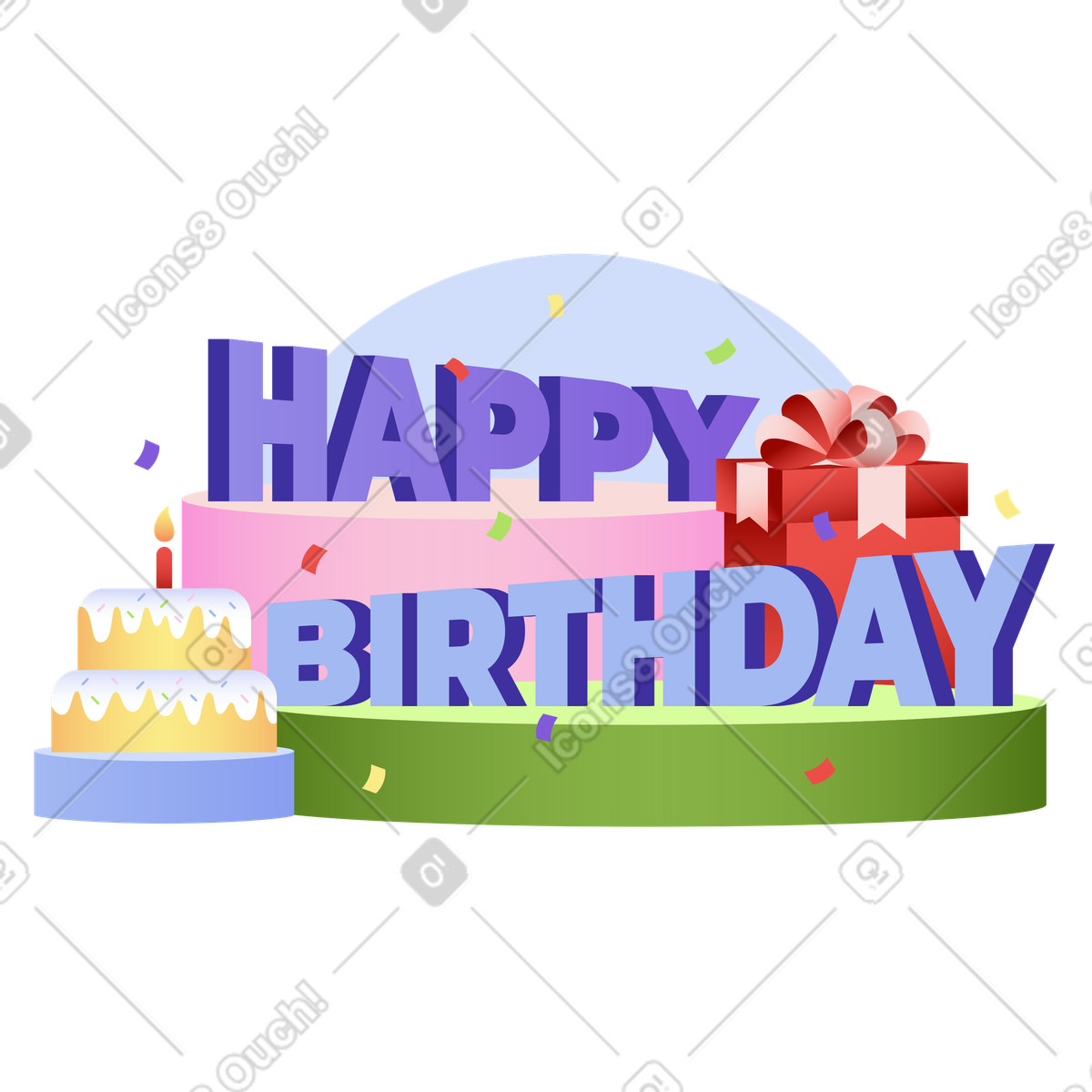 Levels 스타일의 생일 축하 편지! 선물 상자와 케이크 텍스트 포함 일러스트레이션 PNG, SVG 다운로드