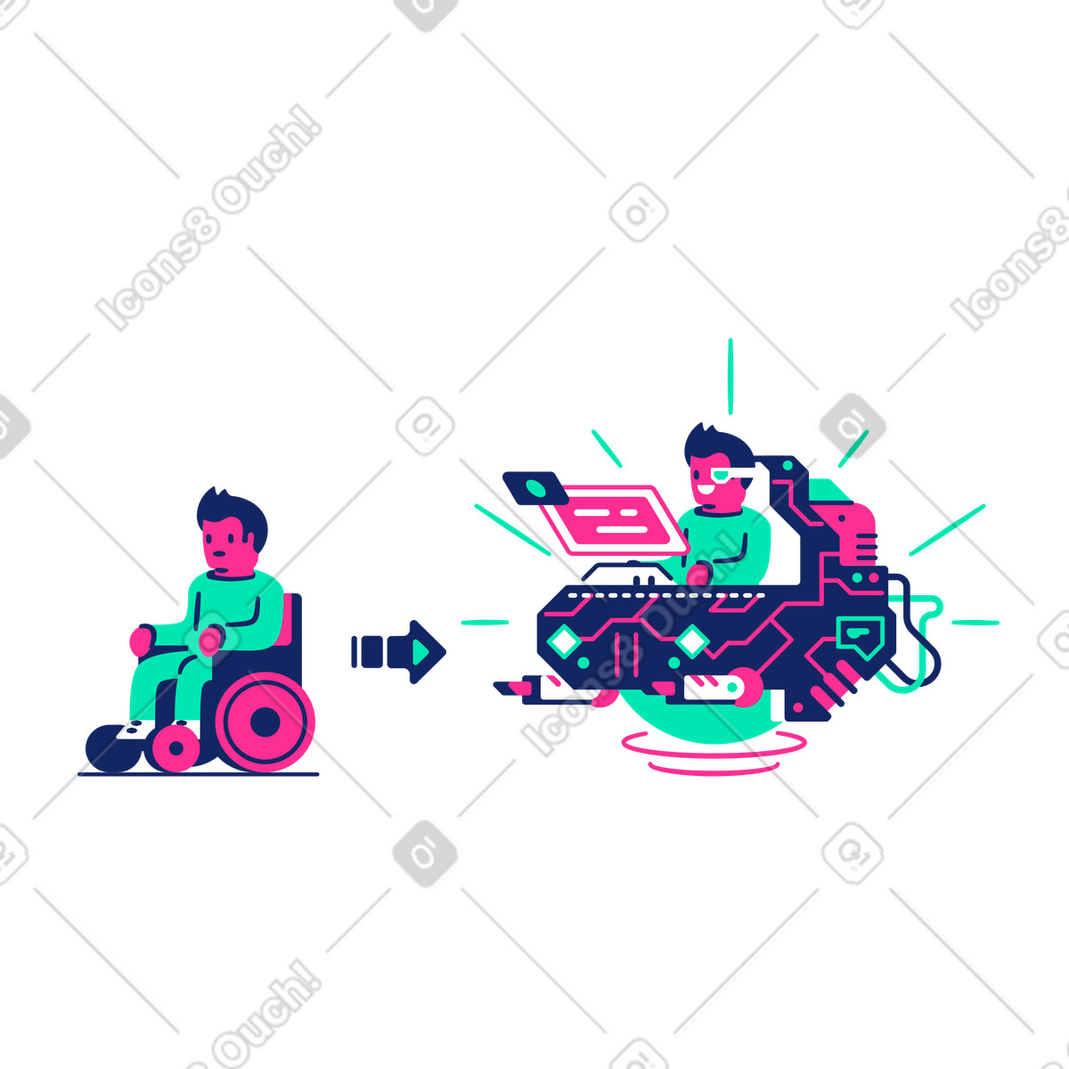 Utente su sedia a rotelle che passa un veicolo futuristico illustrazione in stile Cyborg scarica in PNG, SVG