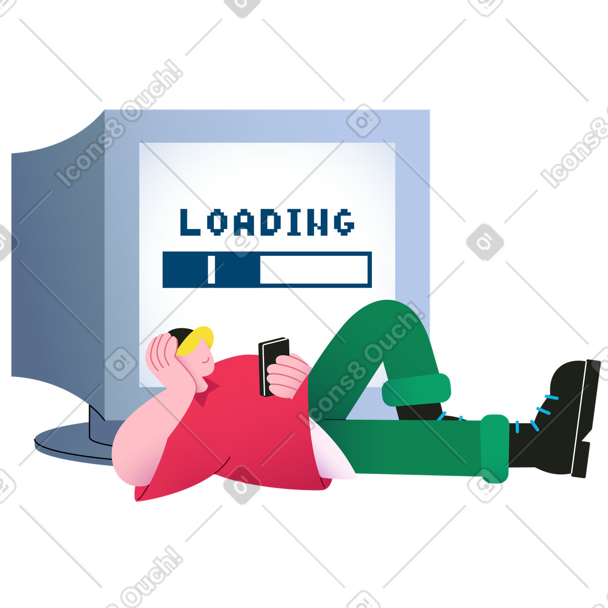 Ilustración animada Hombre con gorro acostado y sosteniendo su teléfono inteligente cerca del monitor en estilo Colors a descargar en GIF, Lottie (JSON), AE