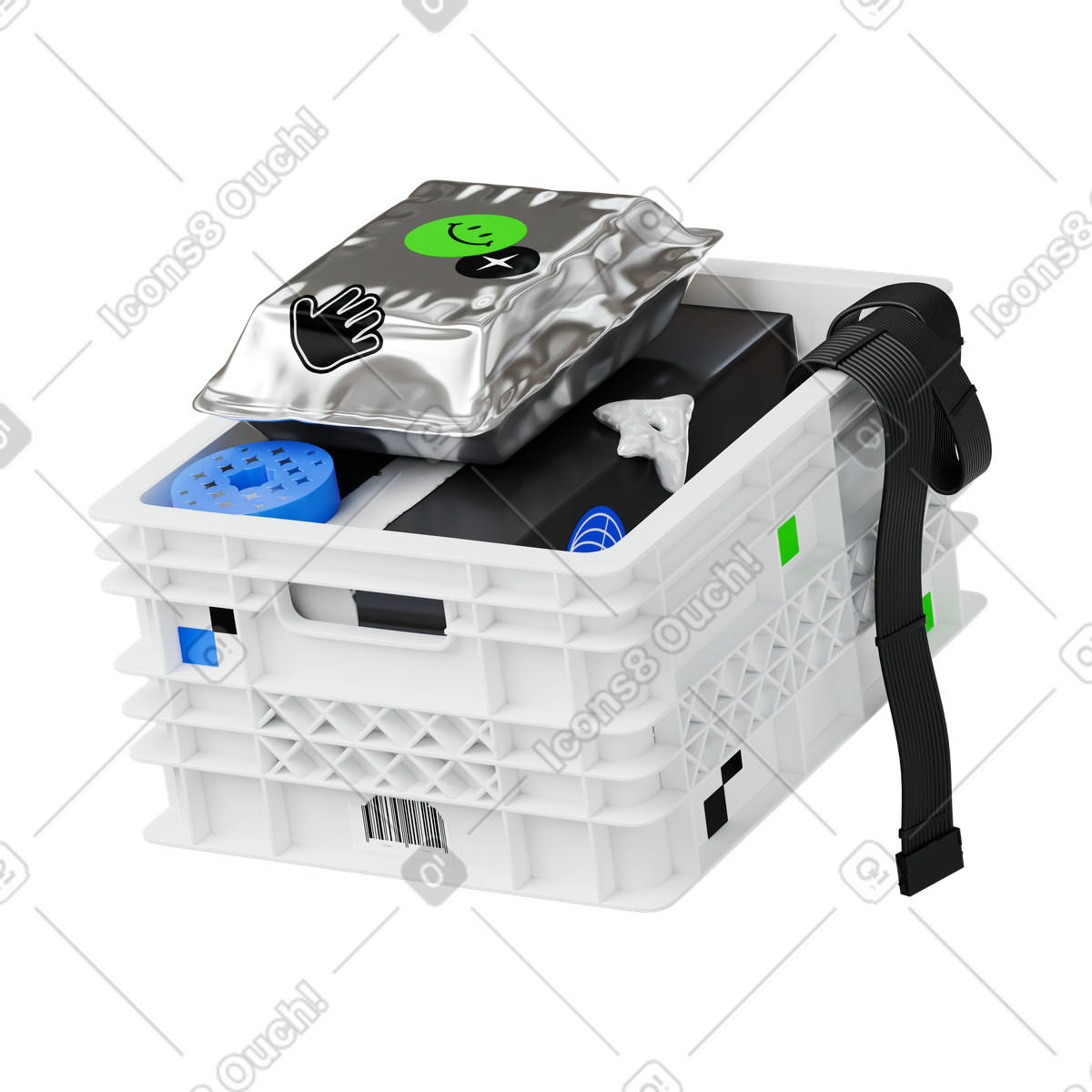 Ilustração animada de Crate filled with electronic components and silver foil package em no estilo 3D Stickle para baixar em GIF, Lottie (JSON), AE