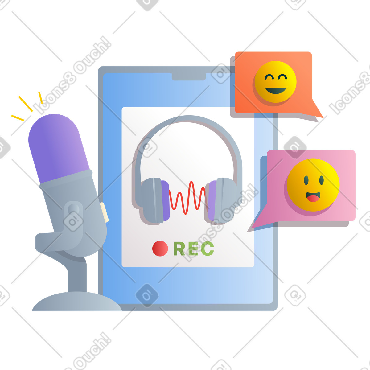 Ilustración Podcast con micrófono y tablet en estilo Silky a descargar en PNG SVG