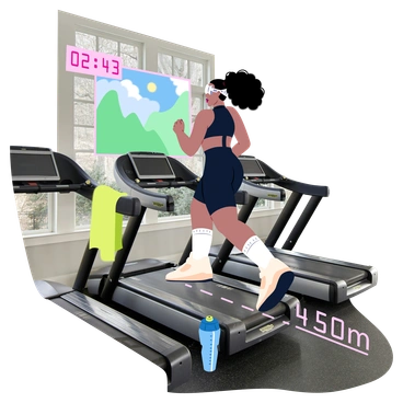 A woman jogging on a treadmill with a scenic display - Everyday style illustration