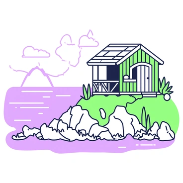 A quaint wooden cabin is perched on a rocky seaside cliff. The cabin has a slanted roof and wooden shingles, with a small porch featuring a railing. Surrounding the cabin, rocky cliffs drop off to the ocean below. Waves crash against the rocks, creating white foam. The cabin is nestled among sparse greenery, with a few shrubs and grasses growing on the cliffside. In the distance, the horizon meets the sky, where clouds drift above the shimmering water.