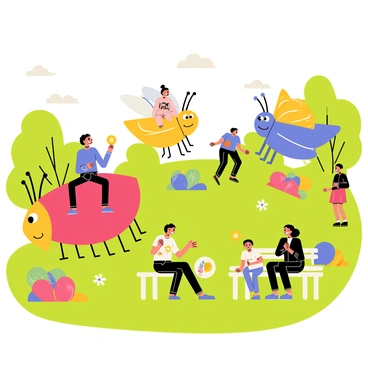 A vibrant park filled with lush green grass and colorful flowers. People are riding on giant insects, including a bright red ladybug, a yellow butterfly with large wings, and a blue dragonfly. Each insect has expressive eyes and friendly smiles. Children are playing nearby with animated toys that come to life, including a bouncing ball that hops around and a small robot that dances. Some adults sit on benches, watching and smiling at the joyful scene. The sky is clear with a few fluffy white clouds, adding to the cheerful atmosphere.