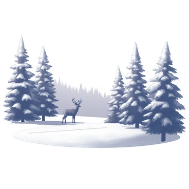 A winter forest filled with snow-covered pine trees extending into the background. The pine trees are tall and dense, their branches heavy with fresh snow. In the distance, a deer stands gracefully among the trees, partially obscured by the trunks. The ground is blanketed with a thick layer of snow, creating a peaceful scene. The atmosphere is quiet, with the only movement coming from the deer as it watches the surroundings.