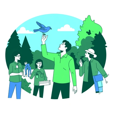 A group of conservationists dressed in green uniforms is carefully releasing a vibrant bluebird back into its natural habitat. The bluebird is perched on the conservationist's outstretched hand, ready to take flight. Surrounding the scene, there are lush green trees and a clear blue sky. One conservationist is holding a small white box that had housed the bird during its rehabilitation, while another is documenting the event with a camera. A few bird watchers in the background are watching the release with interest.