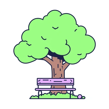 A wooden bench is placed directly under a large fig tree. The bench is made of weathered wood with visible grain patterns, and it is slightly worn from years of use. The fig tree has a thick trunk with sprawling branches that provide ample shade. Its leaves are large and vibrant, creating a dappled light effect on the ground. The scene is set in a quiet area, with a few fallen figs scattered around the base of the tree. The bench is positioned to offer a clear view of the tree's expansive canopy.