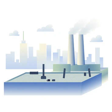 A factory rooftop is visible in the foreground, with several tall chimneys emitting gray smoke. The rooftop has a textured surface with various mechanical components scattered around. In the background, a city skyline stretches across the horizon, featuring a mix of modern skyscrapers and older buildings. The sky is overcast, casting a muted light over the scene. The smoke from the chimneys blends into the clouds, creating a dramatic contrast with the city structures.