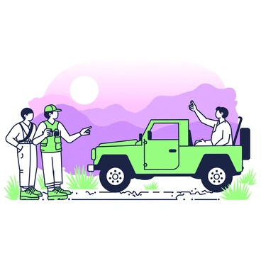 A safari team is positioned in a rugged terrain, observing a herd of elephants in the wild at sunrise. The team consists of three people, two men and one woman, dressed in khaki outfits, equipped with binoculars and cameras. They are standing next to a green jeep, parked on the side, with one team member pointing towards the elephants. The elephants, with their large ears and trunks, are calmly grazing in the distance, silhouetted against the soft light of the rising sun. The sky above them is gradually transitioning from dark to light, creating a serene backdrop. In the foreground, sparse vegetation and tall grasses frame the scene, adding depth to the composition.