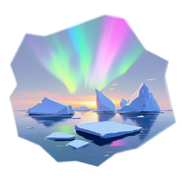 A panoramic view showcasing several large icebergs floating majestically in a cold, clear sea. The icebergs vary in shape and size, some towering high while others are smaller and more jagged. The sea is calm with gentle ripples reflecting the icy formations. Above, the northern lights create a breathtaking display of vibrant colors, with shades of green, purple, and blue swirling and dancing across the night sky. The contrast between the luminous aurora and the cool tones of the icebergs and sea enhances the beauty of the scene.
