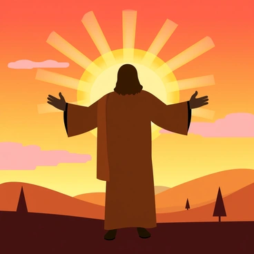 A silhouette of Jesus stands with arms outstretched against a vibrant sunrise. The sun is rising on the horizon, casting brilliant shades of orange, pink, and yellow across the sky. The figure of Jesus is centered, with flowing robes and long hair. The scene captures gentle rays of sunlight breaking through the clouds, illuminating the sky. Below, a tranquil landscape can be seen, with rolling hills and a few scattered trees, all bathed in the warm colors of the dawn.