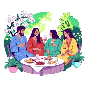 A group of friends is gathered in a vibrant garden setting, surrounded by blooming flowers and lush greenery. Each friend is wearing a uniquely styled kaftan, showcasing a variety of colors and patterns. One friend has a blue kaftan with intricate white designs, while another sports a red kaftan with bold floral prints. A third friend is wearing a teal kaftan adorned with geometric patterns, and the last friend is dressed in a yellow kaftan featuring a subtle paisley motif. The group is engaged in cheerful conversation, with some holding refreshing drinks and others enjoying delicious snacks laid out on a table nearby. Sunlight filters through the leaves, creating a warm and inviting atmosphere.