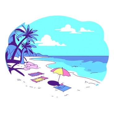 A vibrant tropical beach scene featuring soft, white sand stretching along the shoreline. The clear waters of the ocean are a rich blue, gently lapping at the shore. In the foreground, there are a few small palm trees leaning slightly towards the water, casting shadows on the sand. Scattered on the beach are colorful beach towels and umbrellas. In the background, a clear sky with a few fluffy white clouds completes the idyllic setting.
