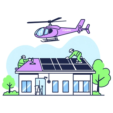A KMAX helicopter is hovering above a remote building's rooftop. The helicopter has a distinctive design featuring dual rotors. Below it, workers are installing solar panels on the building's flat roof. The solar panels are arranged in parallel rows, and the workers are wearing safety harnesses as they carefully secure the panels in place. The building has a modern architectural style, with large windows reflecting sunlight. Surrounding the building, there are trees and a clear blue sky, creating a sense of isolation in the landscape.