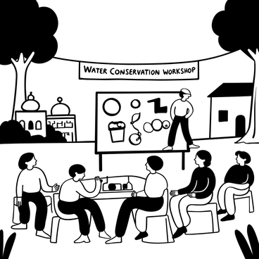 A gathered group of people sitting on the banks of the Ganges, attentively listening to a speaker standing beside a large whiteboard filled with diagrams about water conservation techniques. Various tools and materials for demonstrating pollution prevention are displayed on a nearby table. Lush trees and traditional Indian architecture are visible in the background, framing the scene. Words "Water Conservation Workshop" are prominently featured on a banner hung between two trees.