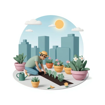 A rooftop garden in an urban setting, surrounded by tall buildings. A gardener, wearing a green t-shirt, blue jeans, and a sun hat, is kneeling on the gravel path, planting a row of green vegetables in dark soil. Brightly colored pots filled with flowers are scattered around the garden, adding vibrant splashes of color. The sun is shining above, casting soft shadows, while a few clouds are visible in the blue sky. A watering can, a small spade, and gardening gloves are placed nearby, indicating the gardener's work tools.