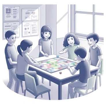 A classroom setting filled with various educational posters on the walls. Several children are gathered around a large board game on a table, showing excitement and engagement. The game board features different sections with numbers and math problems. The children are diverse in appearance and are smiling as they take turns moving their game pieces. One child is rolling a die, while another is pointing at a space on the board. Brightly colored chairs surround the table, and the sunlight streams through a window, casting shadows on the floor.