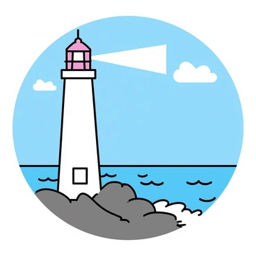 A tall white lighthouse stands on a rugged rocky shore, its beam of light shining out towards the ocean. The lighthouse has red accents, highlighting its cylindrical shape. Waves crash against the rocks below, creating a frothy white foam. The ocean stretches out behind the lighthouse, reflecting the blue sky dotted with a few white clouds. The scene evokes a coastal atmosphere, perfect for a maritime wedding backdrop.