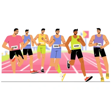 A group of five athletes sprinting towards the finish line, their faces filled with determination. Each athlete is wearing a different color jersey: one in red, another in blue, a third in green, the fourth in yellow, and the last in purple. Their muscles are visibly tensed, showcasing the effort of the race. The background features a blurred racetrack, emphasizing their speed, and a cheering crowd can be seen in the distance, adding to the excitement of the moment. The finish line is marked with a bright white banner, creating a focal point in the scene.