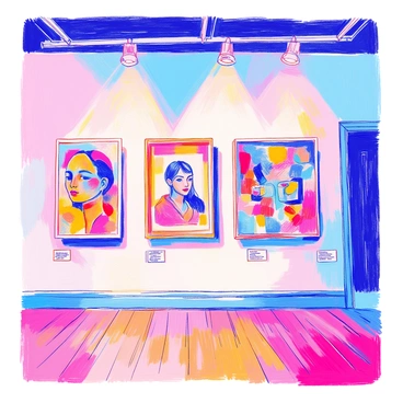 A gallery wall is filled with various student artworks displayed at BCU's art department. The artworks include a colorful abstract painting, a realistic charcoal portrait, and a vibrant mixed-media piece. Each piece is framed and hung at different heights to create a dynamic visual effect. There are labels under each artwork providing the title and the artist's name. The wall is painted in a light color to enhance the vibrancy of the artworks. The floor is polished wood, and there are spotlights positioned above to illuminate each piece.