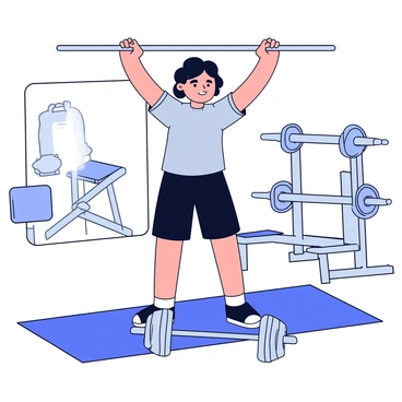 A person with short black hair is wearing a fitted gray athletic shirt and black shorts. They are standing on a blue exercise mat, stretching their arms overhead to warm up. In front of them, a shiny silver barbell is resting on the floor, ready for use. The background shows gym equipment including weights, benches, and a mirror reflecting the scene. The gym has bright lighting, emphasizing the person's focused expression as they prepare for their workout.
