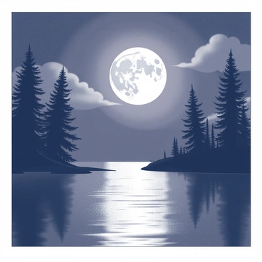 A night scene featuring a calm lake under a full moon. The moonlight reflects brightly on the water's surface, creating a shimmering path. Surrounding the lake are silhouettes of tall trees, their branches gently swaying in the night breeze. A few softly rounded clouds drift across the dark sky, framing the moon. The stillness of the water contrasts with the slight ripples caused by a gentle wind.
