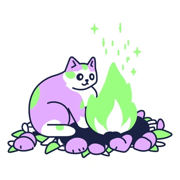 A cat is huddled near a campfire, its fur illuminated by the warm light. The cat has a fluffy coat with distinct markings, and its eyes are wide as it gazes into the flames. The campfire crackles, sending sparks into the air, creating a play of light and shadow across the cat's body. Surrounding the campfire, there are stones arranged in a circle, enhancing the rustic campsite atmosphere. The ground is covered in a mix of leaves and twigs, with a few small logs laid nearby. The shadows cast by the flickering flames dance elegantly on the cat’s fur, creating an intriguing visual effect.