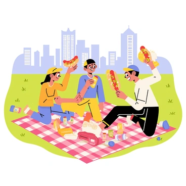A group of three friends sitting together on a red and white checkered picnic blanket in a city park. They are happily enjoying Chicago-style hot dogs topped with green relish, diced onions, and yellow mustard. One friend with glasses is holding up a hot dog with excitement, while another friend with a baseball cap is reaching for a bag of chips beside them. The park has green grass and a few trees in the background, with a bright blue sky above. There are colorful soda cans and a small cooler near them, creating a lively picnic scene.