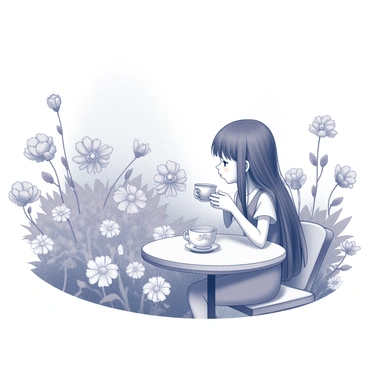A girl is sitting at a small table. She is holding a delicate teacup and sipping tea. Her gaze is directed outward, focusing on a garden. The garden is filled with an abundance of blooming flowers, showcasing various shapes and sizes. The setting includes lush greenery surrounding the vibrant flowers. The table is simple and round, with a textured surface, complementing the serene scene. The girl appears thoughtful as she enjoys her tea, immersed in the beauty of the garden.