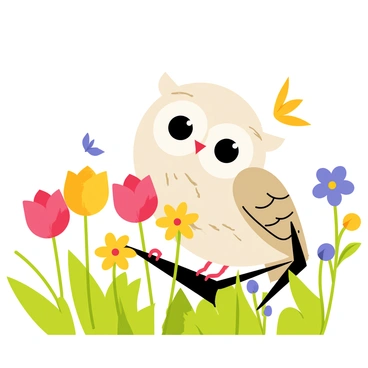 A baby owl with soft, fluffy feathers and large, round eyes is curiously peering at a variety of colorful flowers in a blooming garden. The flowers include vibrant red tulips, bright yellow daisies, and delicate purple violets, each swaying gently in the breeze. The garden is filled with lush green foliage, providing a rich backdrop for the scene. The owl is perched on a sturdy branch, slightly leaning forward as it observes the flowers with fascination. A few butterflies flutter around, adding to the lively atmosphere of the garden.