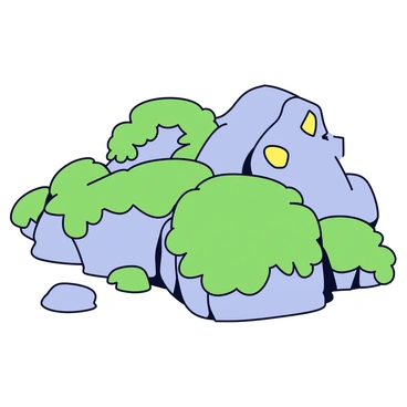 A rocky outcrop with uneven surfaces and sharp edges is partially hidden beneath a lush green blanket of moss. The moss has a vibrant, deep green color, creating a soft contrast against the rough, gray tones of the rocks. Small patches of sunlight filter through nearby trees, illuminating the moss and highlighting its texture. The scene is tranquil, with the moss appearing thick and inviting, wrapping around the contours of the stones.