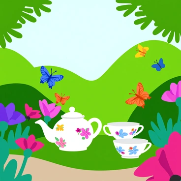 A whimsical garden setting filled with vibrant flowers and lush greenery serves as the backdrop. Several colorful butterflies, with intricate patterns on their wings in shades of blue, orange, and yellow, are gracefully perched around a tiny porcelain tea set. The tea set features delicate floral designs and includes a teapot and matching cups. Sunlight filters through the leaves, casting dappled light on the scene, enhancing the magical atmosphere of this charming tableau.