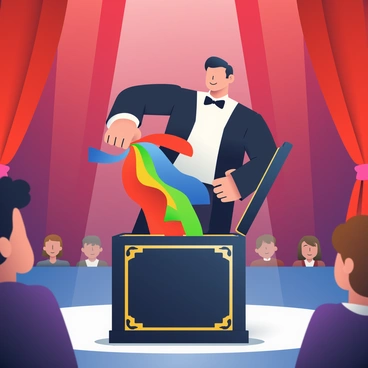 A magician pulling colorful scarves out of a black box on stage