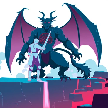 A Balrog facing off against a knight on a narrow stone bridge surrounded by lava