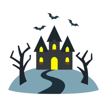 A spooky haunted mansion on a hill with bats flying overhead and dark, twisted trees surrounding the property.