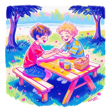 Two children are engaged in an arm wrestling match on a wooden picnic table in a park. One child has short brown hair and is wearing a bright red T-shirt, while the other has curly blonde hair and is dressed in a blue striped shirt. Both are laughing with wide smiles as they strain against each other's hands. The picnic table is surrounded by green grass, and there are trees in the background, with dappled sunlight filtering through the leaves. A few scattered picnic items, like a basket and a couple of juice boxes, are also visible on the table.