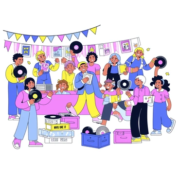 A colorful retro-themed fair filled with music enthusiasts. There are several stalls adorned with vintage decorations, showcasing an array of vinyl records. A group of people, each wearing stylish retro clothing, are animatedly exchanging records with smiles on their faces. Some individuals are holding records high in the air to showcase them. In the background, there are vibrant banners and posters related to music, creating a lively atmosphere. A few people are browsing through crates filled with vinyl records, while others are engaged in conversation about their favorite albums.